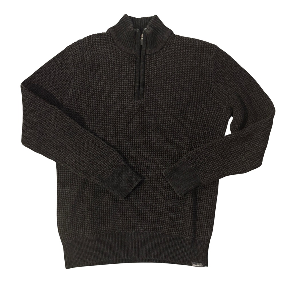 Eddie Bauer Sweater Mens Medium Black Waffle Knit Quarter Zip Cotton Pullover